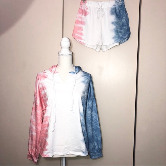 Tie dye pink blue hoodie top & shorts set NEW - Picture 3 of 10